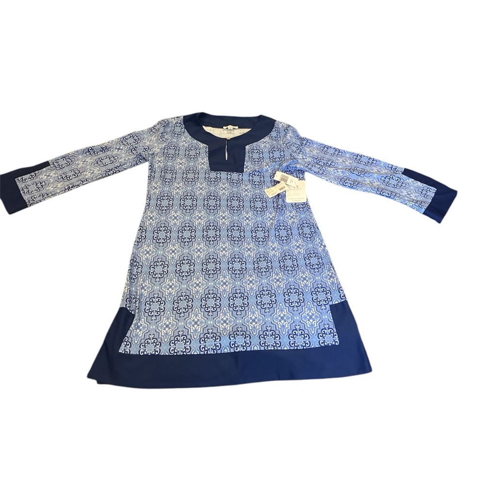 Cabana Life Long 3/4 Sleeve Tunic Swimwear Blue White Paisley UPF 50+ Medium